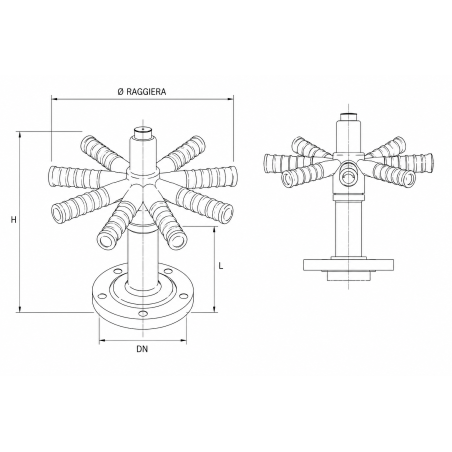 Distributori a raggiera per bombole flangiate con collettore a 8 diffusori laterali